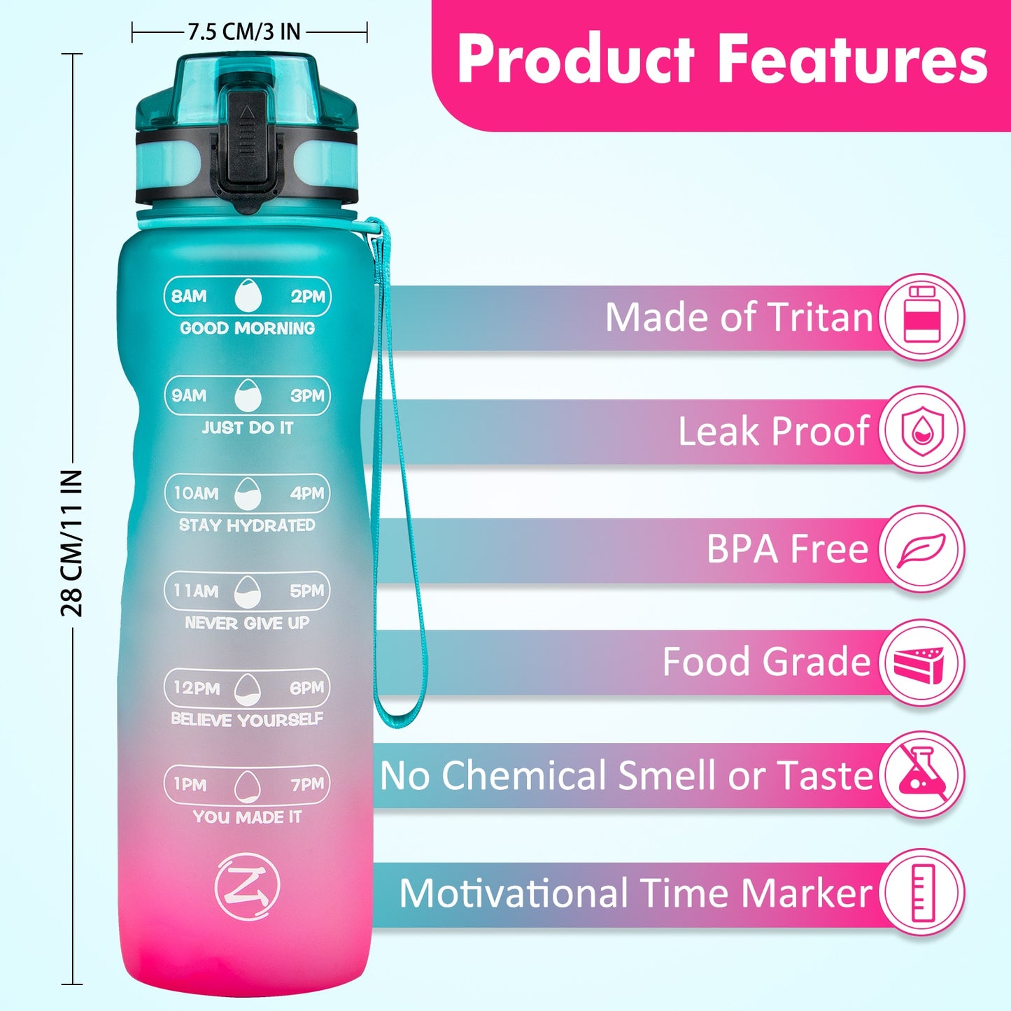 32oz Motivational Water Bottle with Time Marker